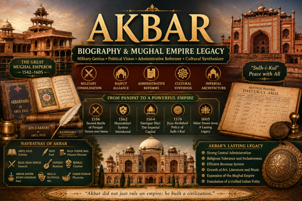 Akbar biography featured image showing Mughal manuscripts, Fatehpur Sikri-style architecture, Mansabdari system, Navratnas, Rajput policy, revenue records, musical symbols and imperial Mughal legacy.