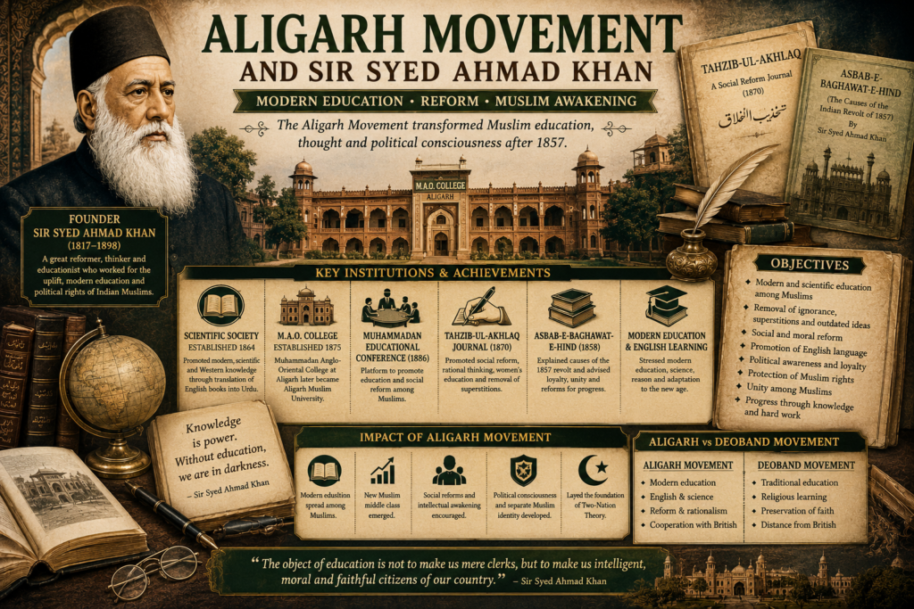 Aligarh Movement featured image showing Sir Syed Ahmad Khan, M.A.O. College, Scientific Society, Tahzib-ul-Akhlaq, Asbab-e-Baghawat-e-Hind, modern education, English learning, Muslim awakening and Two-Nation Theory.