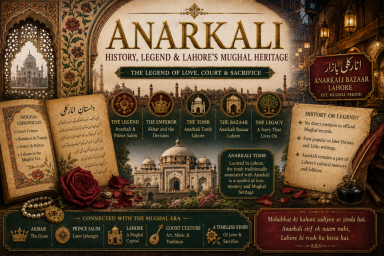 Anarkali history featured image showing Anarkali Tomb Lahore, Anarkali Bazaar, Prince Salim, Akbar, Mughal floral patterns, royal manuscript, rose petals, Lahore arches and Mughal mystery.