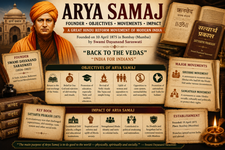 Arya Samaj featured image showing founder Swami Dayanand Saraswati, Satyarth Prakash, Back to the Vedas slogan, Shuddhi Movement, Sangathan Movement, Vedic books, reform documents and social reform symbols.