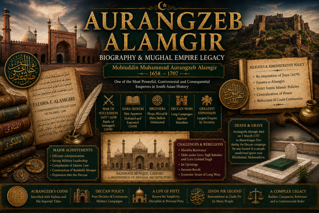 Aurangzeb Alamgir biography featured image showing Fatawa-e-Alamgiri, Badshahi Mosque, Deccan wars, Dara Shikoh, Jizya, Mughal legal documents, imperial seals, coins and simple grave symbolism.