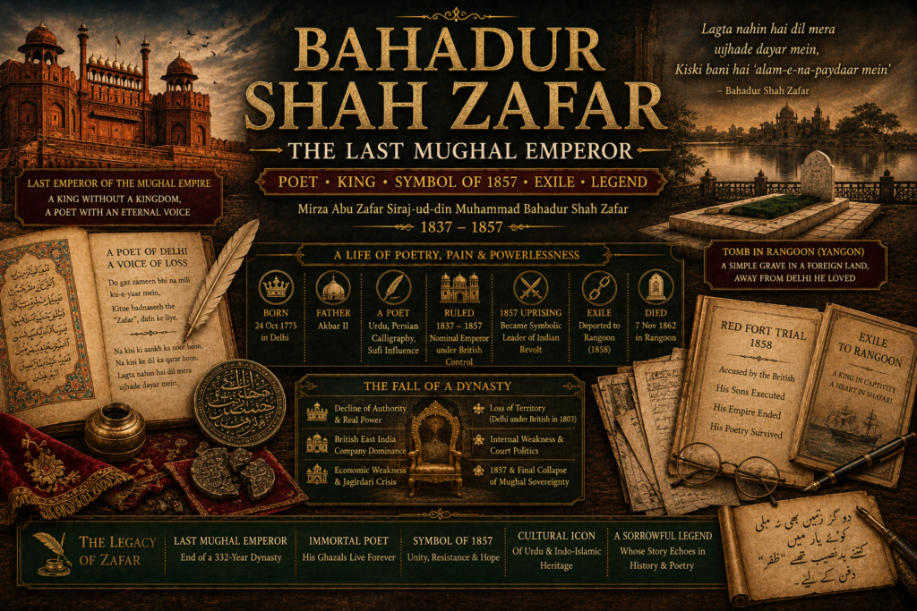 Bahadur Shah Zafar biography featured image showing Red Fort-inspired arches, 1857 revolt, Urdu poetry manuscript, broken Mughal seal, exile papers, Rangoon tomb, old coins and last Mughal emperor legacy.