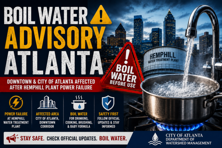 Featured image showing Atlanta boil water advisory alert with boiling water pot, running tap, warning symbol, Hemphill Water Treatment Plant reference, and Atlanta skyline representing the public water safety advisory after the treatment plant power failure.