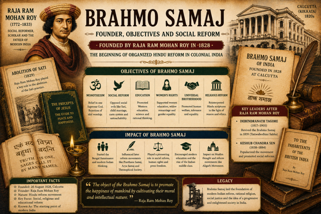 Brahmo Samaj featured image showing Raja Ram Mohan Roy, abolition of Sati, monotheism, Western education, social reform documents, Calcutta-style architecture and Hindu reform movement in colonial India.