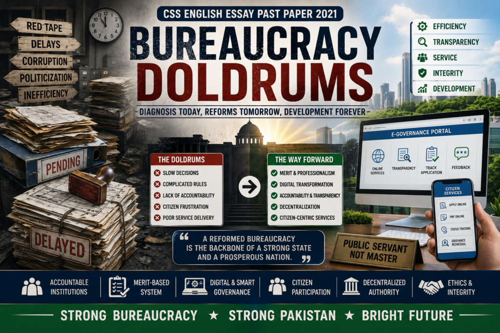 CSS English Essay Past Paper 2021 Bureaucracy Doldrums