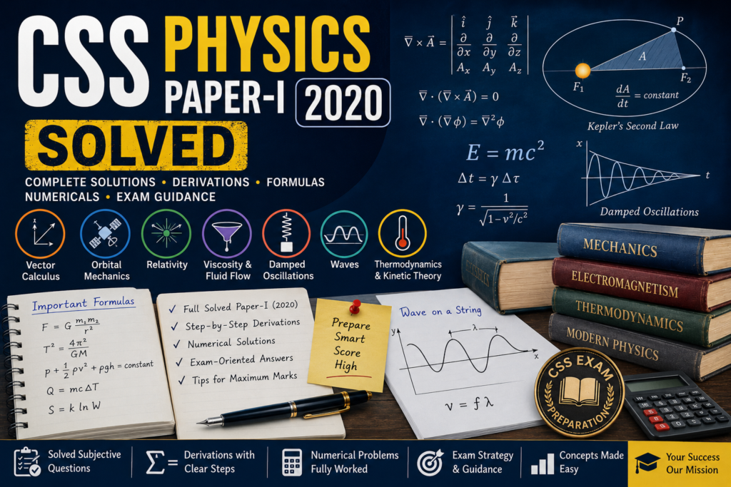CSS Physics Paper-I 2020 Solved with formulas, derivations, vectors, waves, thermodynamics and numerical solutions