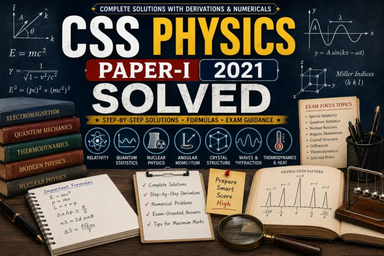 CSS Physics Paper-I 2021 Solved with relativity, quantum statistics, nuclear reactor, angular momentum, Miller indices, diffraction and thermodynamics