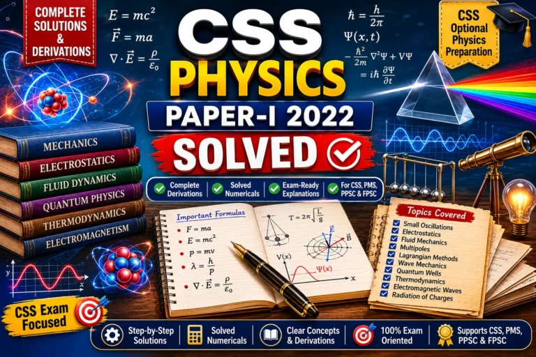 CSS Physics Paper-I 2022 Solved with mechanics, electrostatics, Lagrangian methods, fluids, quantum wells, thermodynamics and electromagnetic waves
