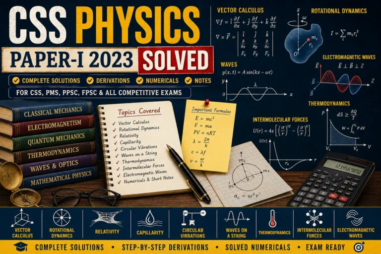 CSS Physics Paper-I 2023 Solved with vector calculus, rotational dynamics, relativity, capillarity, waves, thermodynamics and numerical answers