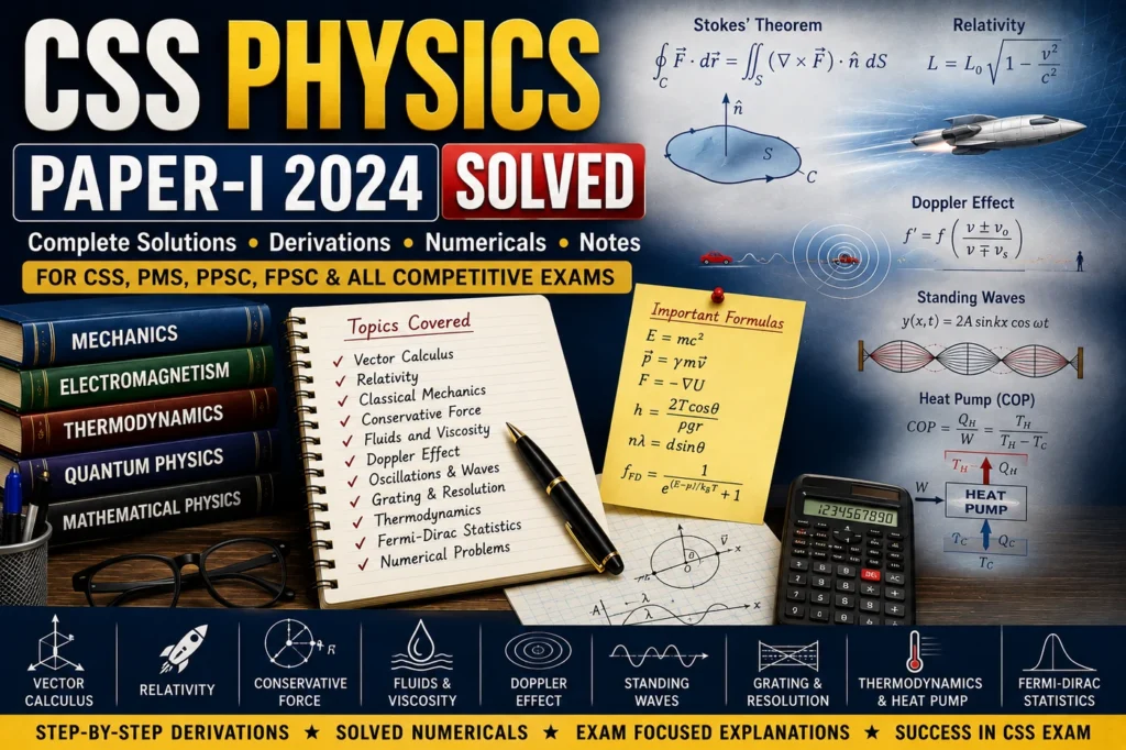 CSS Physics Paper-I 2024 Solved with Stokes theorem, relativity, conservative force, Doppler effect, standing waves, heat pump and Fermi-Dirac statistics