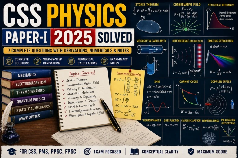 CSS Physics Paper-I 2025 Solved with Stokes theorem, quantum statistics, viscosity, capillarity, interference, grating, SHM, Carnot cycle, Newton’s rings and Doppler effect