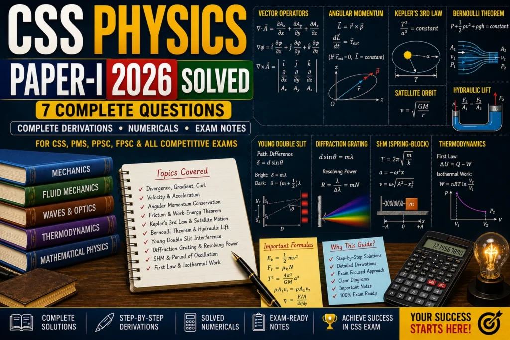 CSS Physics Paper-I 2026 Solved with divergence, gradient, curl, angular momentum, Kepler’s third law, Bernoulli theorem, hydraulic lift, Young double slit, diffraction grating and thermodynamics