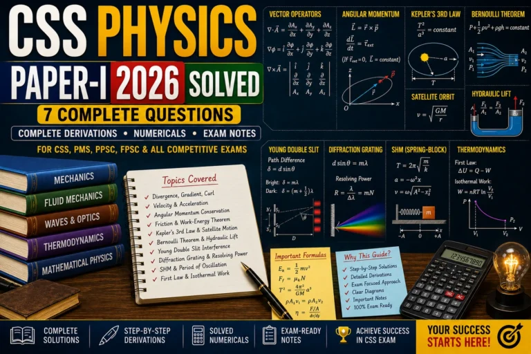 CSS Physics Paper-I 2026 Solved with divergence, gradient, curl, angular momentum, Kepler’s third law, Bernoulli theorem, hydraulic lift, Young double slit, diffraction grating and thermodynamics