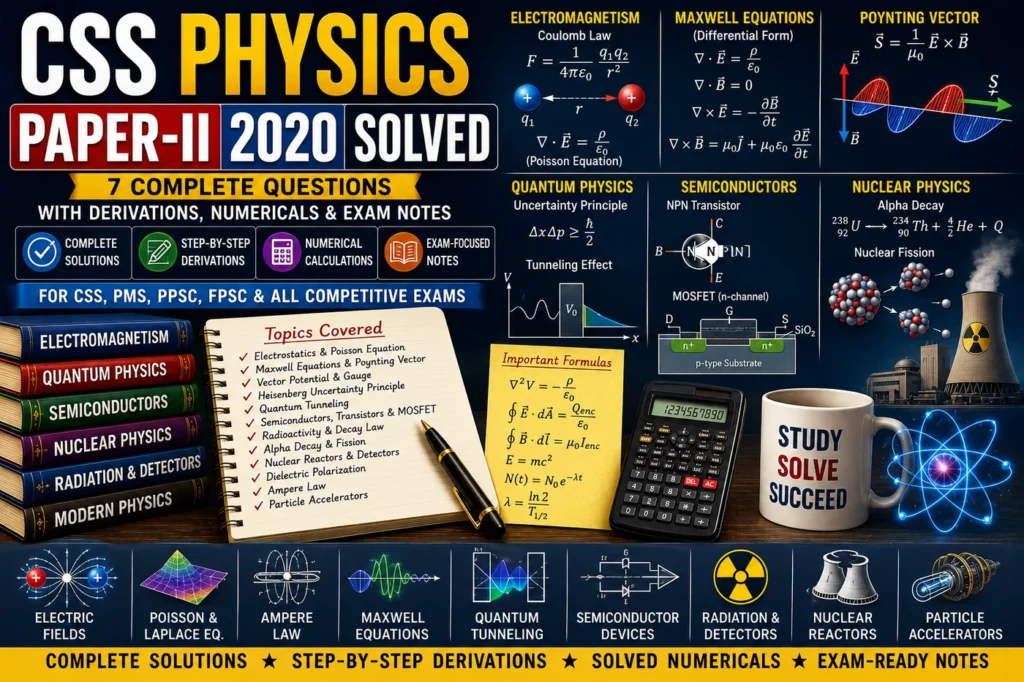 CSS Physics Paper-II 2020 Solved with electric fields, Poisson equation, Maxwell equations, Poynting vector, quantum tunneling, semiconductors, nuclear physics and particle accelerators