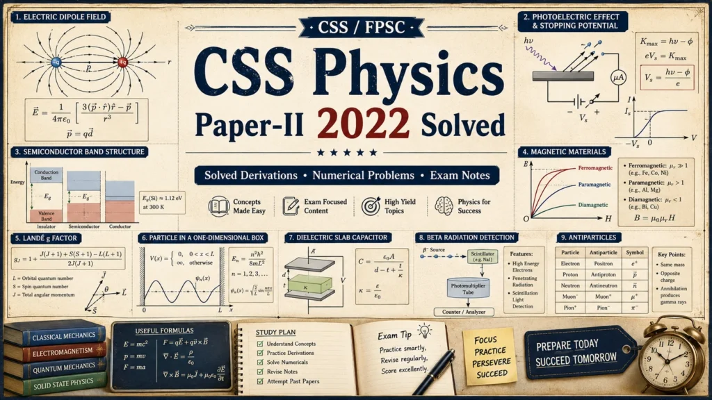 CSS Physics Paper-II 2022 Solved with electric dipole field, photoelectric effect, semiconductors, magnetic materials, particle in a box, dielectric slab capacitor, beta radiation and antiparticles