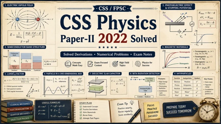 CSS Physics Paper-II 2022 Solved with electric dipole field, photoelectric effect, semiconductors, magnetic materials, particle in a box, dielectric slab capacitor, beta radiation and antiparticles