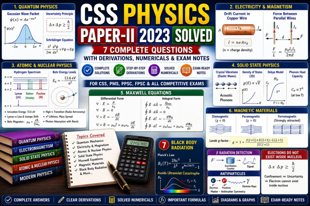 CSS Physics Paper-II 2023 Solved with Gaussian wave packet, uncertainty principle, drift current, magnetic force between wires, hydrogen spectrum, Maxwell equations, Debye model, magnetic materials and black body radiation