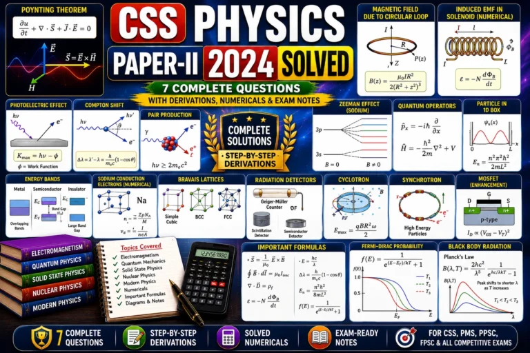 CSS Physics Paper-II 2024 Solved with Poynting theorem, magnetic loop field, induced emf, photoelectric effect, Compton shift, pair production, Zeeman effect, quantum operators, energy bands, cyclotron, MOSFET and Fermi-Dirac probability