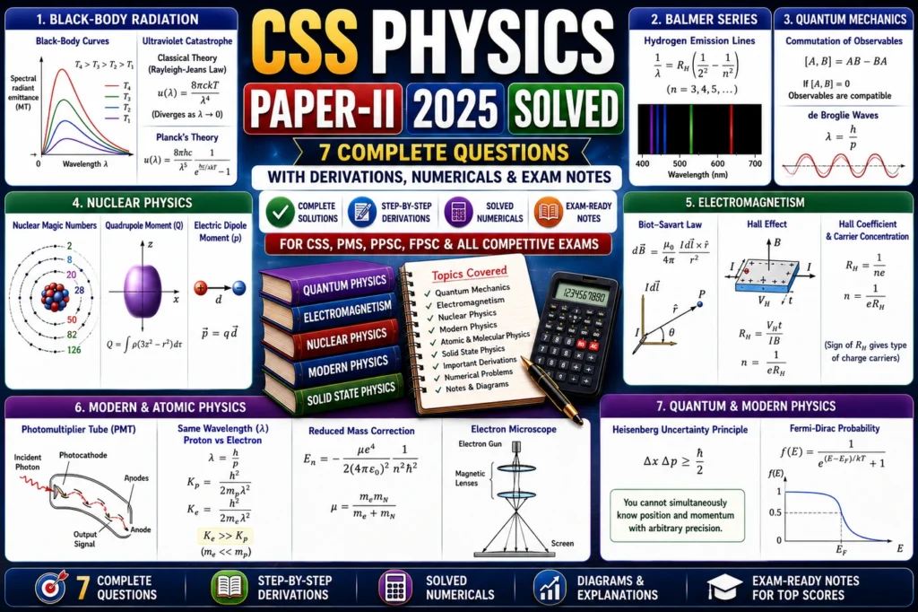 CSS Physics Paper-II 2025 Solved with black-body radiation, Balmer series, quantum commutation, de Broglie waves, nuclear magic numbers, electric dipole, Biot-Savart law, Hall effect, PMT and electron microscope