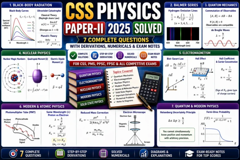 CSS Physics Paper-II 2025 Solved with black-body radiation, Balmer series, quantum commutation, de Broglie waves, nuclear magic numbers, electric dipole, Biot-Savart law, Hall effect, PMT and electron microscope
