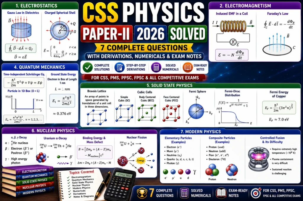 CSS Physics Paper-II 2026 Solved with Gauss law in dielectrics, charged spherical shell, induced emf, Faraday law, Schrodinger equation, particle in a box, Bravais lattice, Fermi sphere, nuclear decay, fission and controlled fusion
