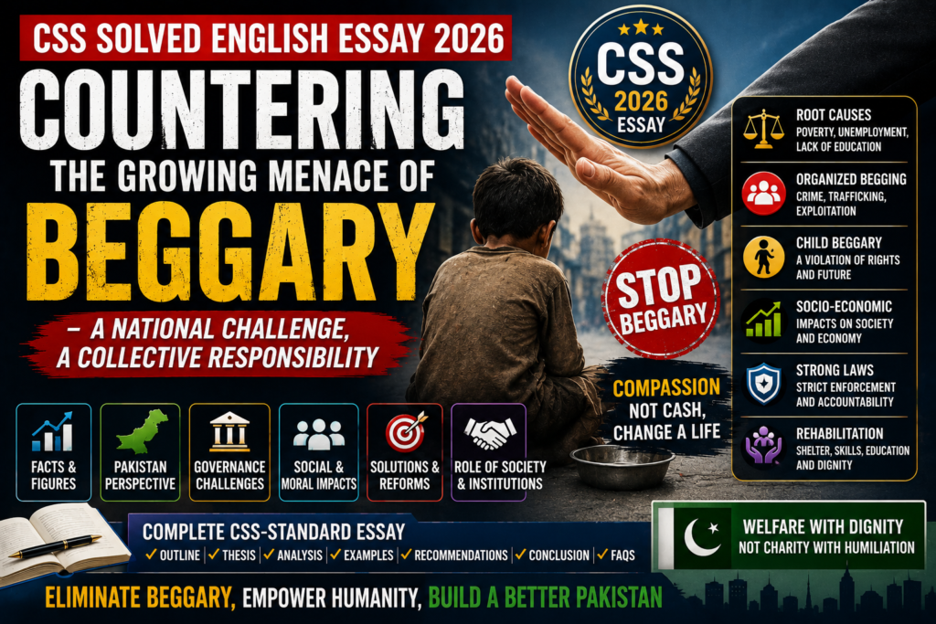 CSS Solved English Essay 2026 Countering the Growing Menace of Beggary featured image showing anti-beggary awareness theme with social reform and rehabilitation concept
