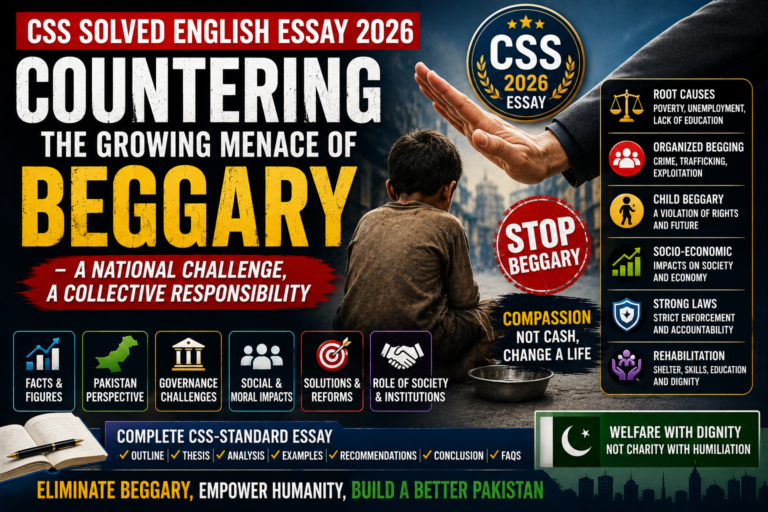CSS Solved English Essay 2026 Countering the Growing Menace of Beggary featured image showing anti-beggary awareness theme with social reform and rehabilitation concept