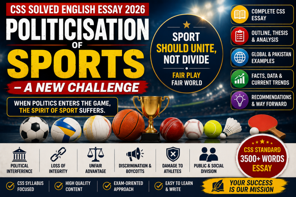CSS Solved English Essay 2026 featured image for Politicisation of Sports – A New Challenge using symbolic sports equipment, trophy, and integrity theme without people, maps, or flags.