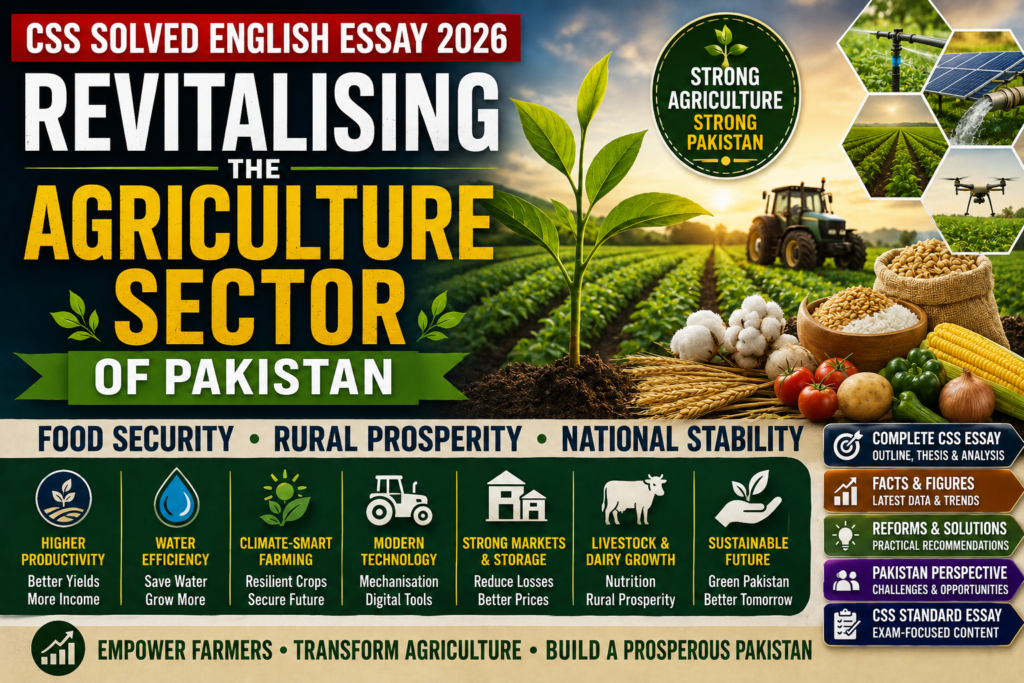 CSS Solved English Essay 2026 Revitalising the Agriculture Sector of Pakistan featured image showing crops, irrigation, tractor, grains, vegetables, water efficiency, climate-smart farming and modern technology without people, maps or flags.