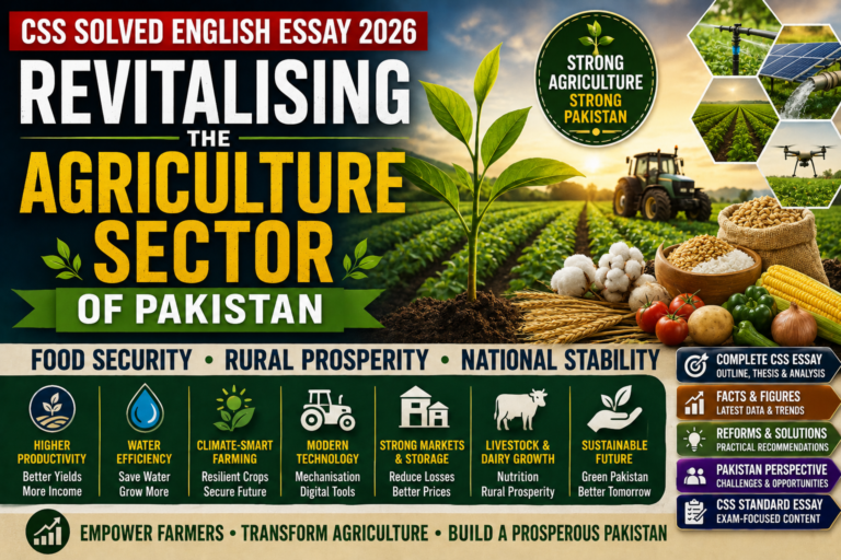 CSS Solved English Essay 2026 Revitalising the Agriculture Sector of Pakistan featured image showing crops, irrigation, tractor, grains, vegetables, water efficiency, climate-smart farming and modern technology without people, maps or flags.