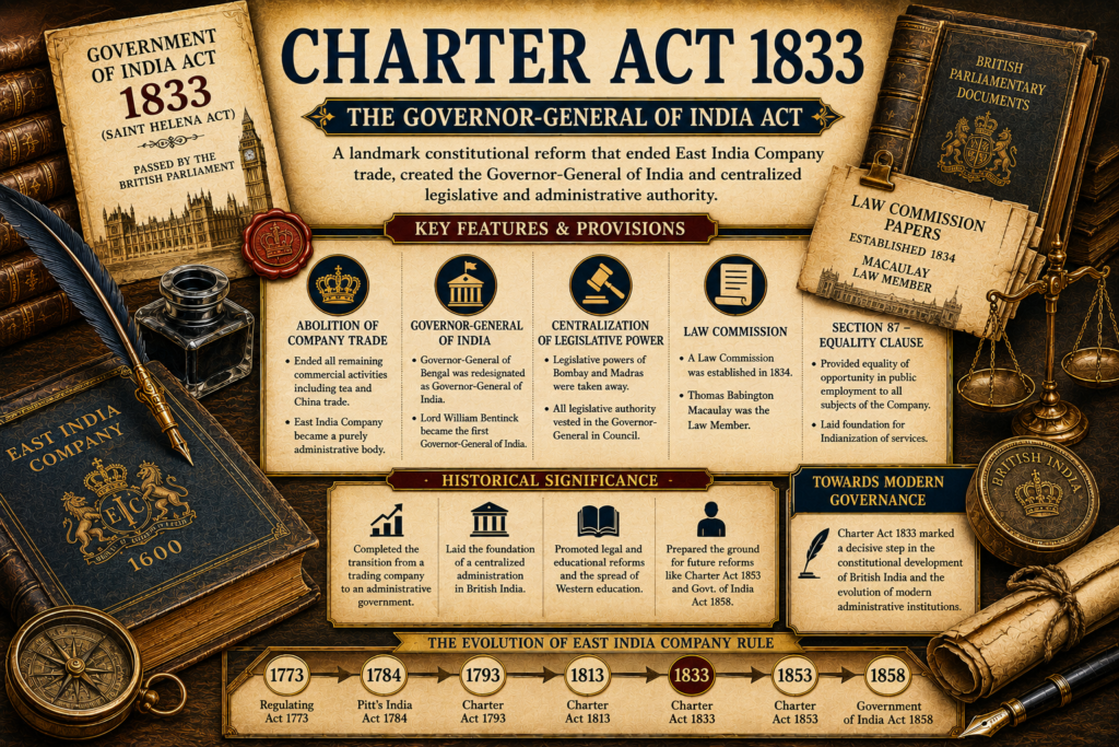 Charter Act 1833 featured image showing Government of India Act 1833, Governor-General of India, East India Company trade abolition, centralized legislative power, Law Commission papers, legal scales, quill, books, and British India constitutional timeline.