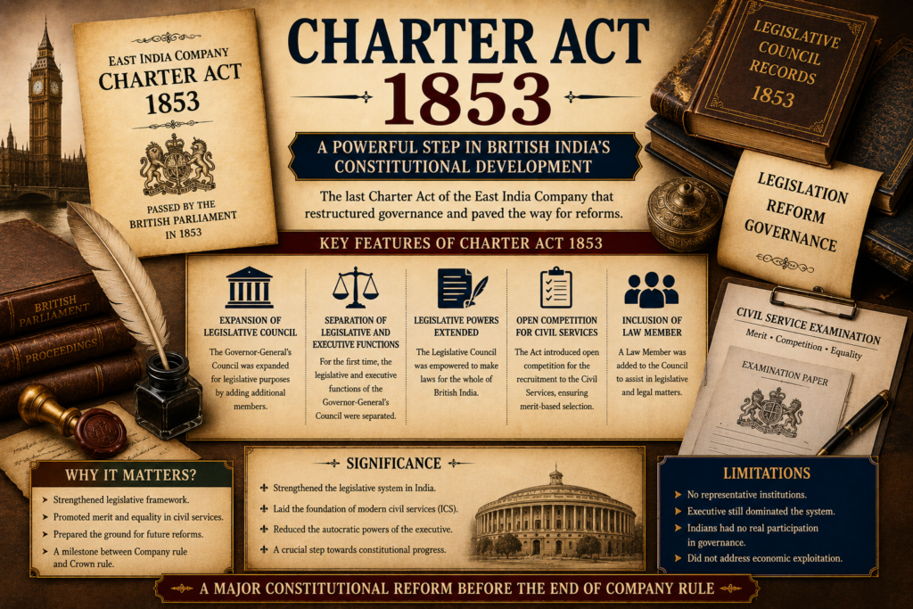 Charter Act 1853 featured image showing Indian Legislative Council, open competition for civil services, separation of legislative and executive functions, British parliamentary papers, East India Company documents, legal seals, quill, ink, and constitutional development symbols.