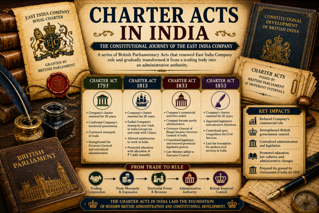 Charter Acts in India featured image showing East India Company charter papers, Charter Act 1793, Charter Act 1813, Charter Act 1833, Charter Act 1853, British parliamentary documents, legal seals, quill, ink, books, and constitutional timeline symbols.