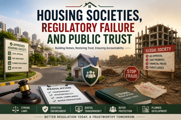 Featured image showing the contrast between approved housing societies and illegal real estate schemes, highlighting regulatory failure, public trust issues, fake files, buyer protection, and housing governance.