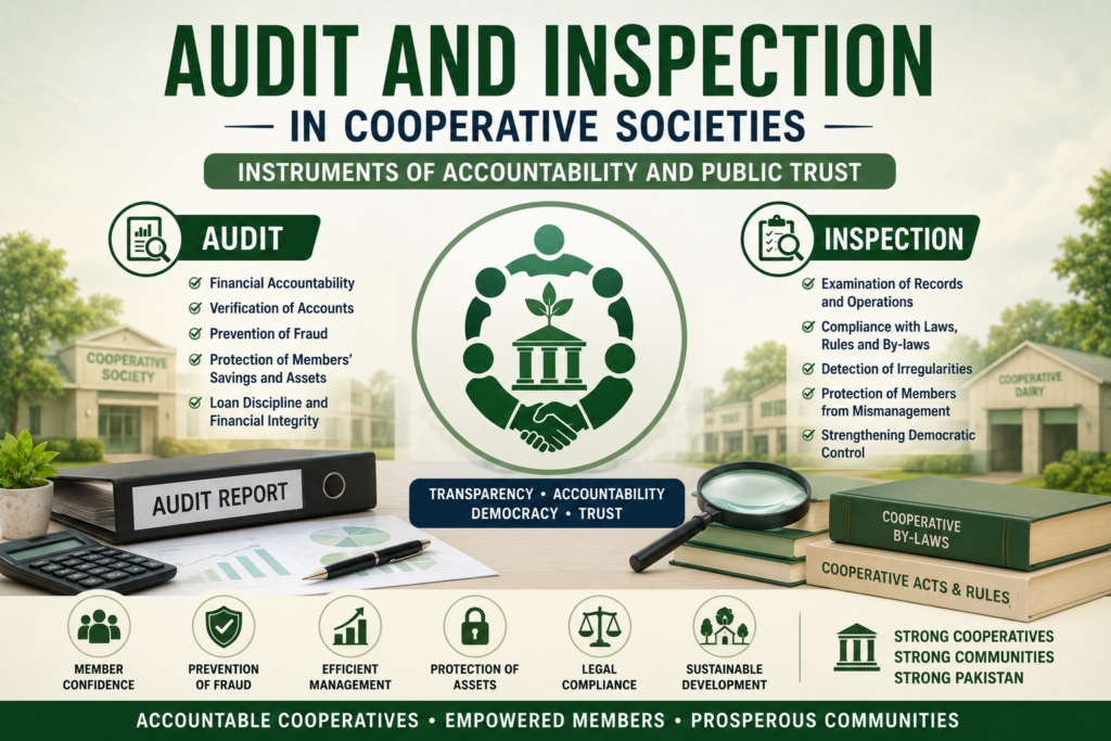 Simple featured image showing cooperative accountability through audit documents, inspection checklist, ledger books, shield icon, balance symbol, and cooperative governance elements representing transparency and oversight.