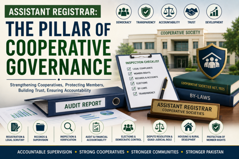 Professional featured image showing Assistant Registrar Cooperative Societies with audit files, inspection checklist, governance records, legal books, and accountability symbols representing cooperative supervision and member protection.
