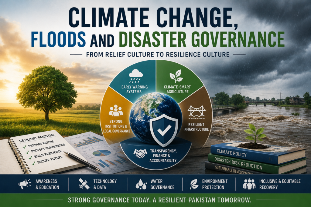 Simple featured image showing climate change, floods, and disaster governance through a clean contrast between green resilience and storm flooding, with icons for early warning systems, climate-smart agriculture, resilient infrastructure, transparency, technology, water governance, and inclusive recovery.