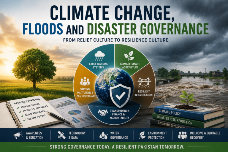 Simple featured image showing climate change, floods, and disaster governance through a clean contrast between green resilience and storm flooding, with icons for early warning systems, climate-smart agriculture, resilient infrastructure, transparency, technology, water governance, and inclusive recovery.