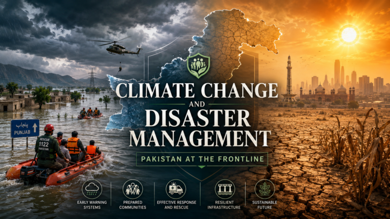 Featured image showing Pakistan’s climate crisis through a split scene of severe flooding in Punjab and extreme heatwave drought, with rescue teams, cracked farmland, Lahore-style skyline, and disaster management symbols.