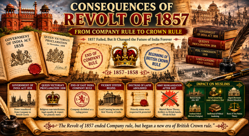 Consequences of Revolt of 1857 featured image showing Government of India Act 1858, Queen Victoria’s Proclamation, end of East India Company rule, army reorganization, martial races theory, Muslim impact, Deoband and Aligarh Movement.