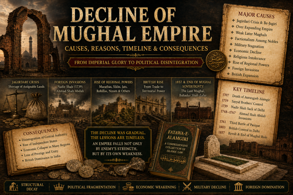 Decline of Mughal Empire featured image showing broken Mughal arches, Jagirdari crisis, weak later Mughals, Nadir Shah, Ahmad Shah Abdali, Maratha rise, British expansion, scattered coins and 1857 end of Mughal rule.