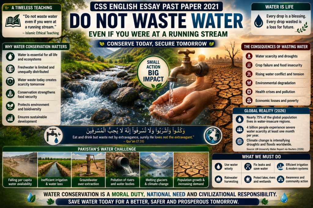 Do Not Waste Water CSS English Essay Past Paper 2021 featured image showing water conservation, flowing stream, drought risk, agriculture, climate change, responsible use and Pakistan’s water crisis.