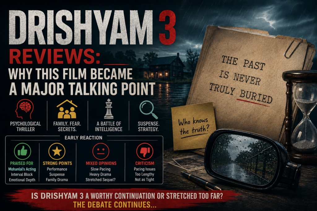 Dark cinematic featured image for Drishyam 3 Reviews showing symbolic thriller elements including case files, hourglass, rain-soaked mirror reflection, mystery notes, and psychological suspense imagery representing Georgekutty’s continuing secrets and emotional burden.
