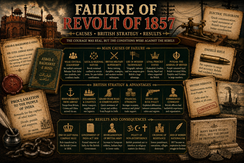 Failure of Revolt of 1857 featured image showing weak rebel leadership, telegraph wires, Enfield rifle cartridge, Punjab reinforcements, loyal princely states, British logistics, colonial dispatch papers and Red Fort-style arches.
