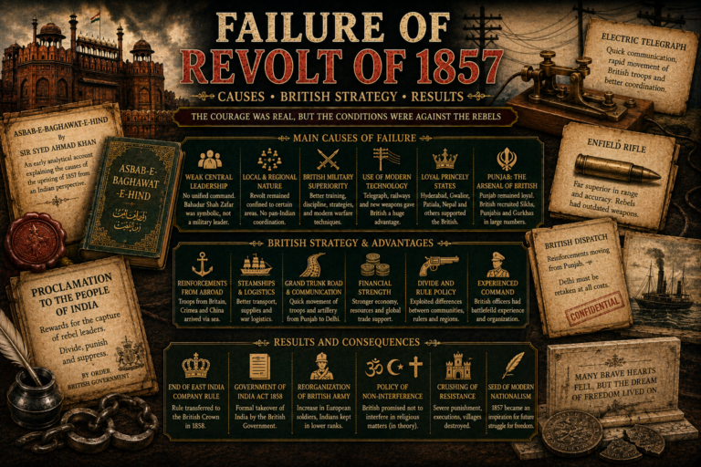 Failure of Revolt of 1857 featured image showing weak rebel leadership, telegraph wires, Enfield rifle cartridge, Punjab reinforcements, loyal princely states, British logistics, colonial dispatch papers and Red Fort-style arches.