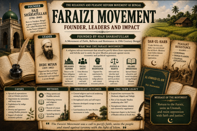 Faraizi Movement featured image showing founder Haji Shariatullah, leader Dudu Miyan, Bengal rural fields, Dar-ul-Harb, Muslim reform, peasant resistance, zamindars, indigo planters and Islamic revival symbols.