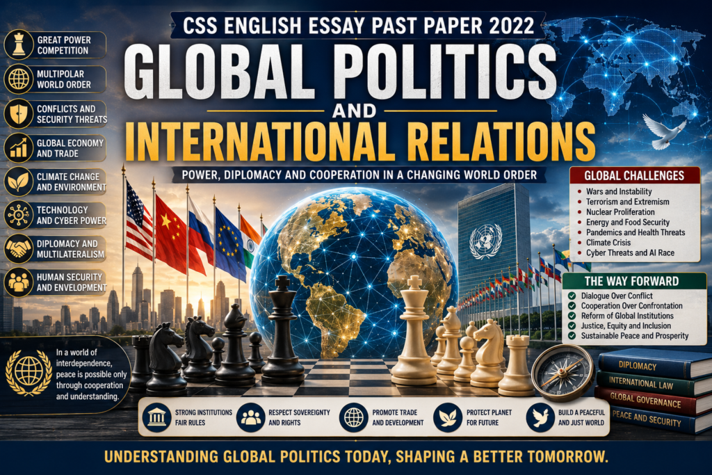 Global Politics and International Relations CSS English Essay Past Paper 2022 featured image showing diplomacy, global power competition, multipolar world order, international law, security, climate change, trade and global governance.