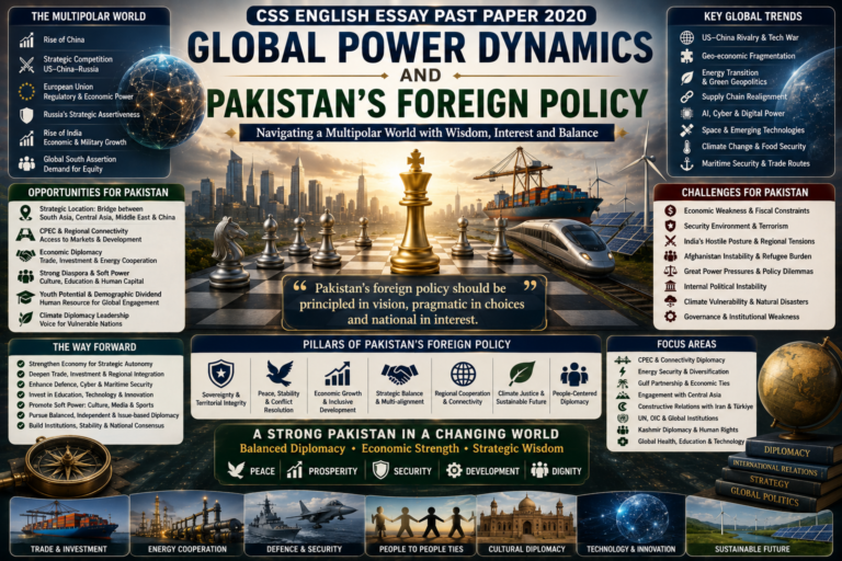 Global Power Dynamics and Pakistan’s Foreign Policy CSS English Essay Past Paper 2020 featured image showing multipolar world order, diplomacy, US-China rivalry, CPEC, regional security, economic diplomacy and Pakistan’s strategic balance.