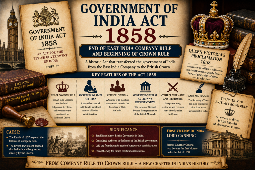 Government of India Act 1858 featured image showing British Crown rule, end of East India Company rule, Secretary of State for India, Council of India, Queen Victoria’s Proclamation, old parliamentary papers, legal seal, crown symbol, quill, books, and constitutional transition motifs.