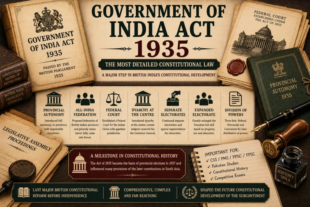 Government of India Act 1935 featured image showing provincial autonomy, All-India Federation, Federal Court, separate electorates, dyarchy at the centre, division of powers, old constitutional papers, legislative files, quill, ink, legal seal, and British India constitutional development symbols.